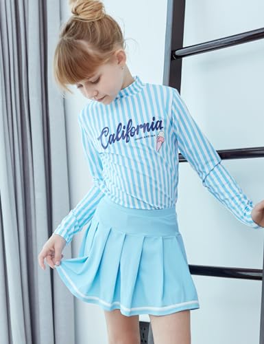 PHIBEE Girls' Rash Guard Set Long Sleeve UPF 50+ Sun Protection Two-Piece Swimwear Blue Stripe 8 - Thumbnail 4