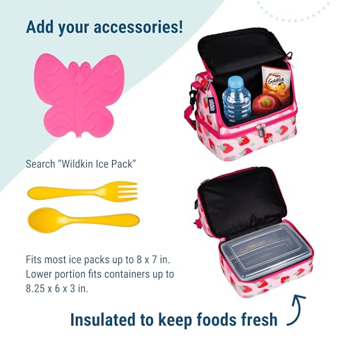 Wildkin Two Compartment Insulated Lunch Bag for Kids – School & Travel Ready - Strawberry Patch
