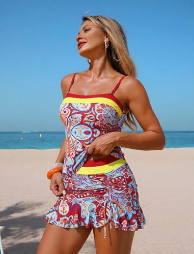 Image of ZAFUL Colorblock Bandeau Tankini Swimsuits for Women 2 Piece Tummy Control Bathing Suit Drawstring Ruffle Swim Skort