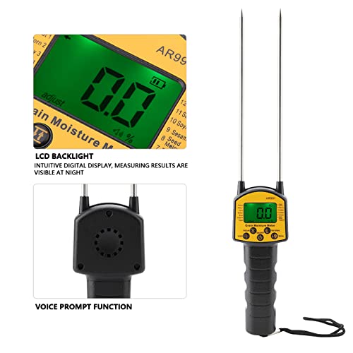 SMART SENSOR AR991 Digital Grain Moisture Meter with LCD Backlight Display for Wheat Corn Rice Peanut Soybean, Dual Rod Steel Probe