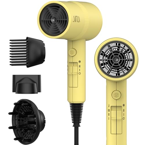 Image of AINA Hair Dryer with Diffuser,Comb Full-Featured Blow Dryer 110V(Yellow) | 3 Heat /2 Speed;Cold shut button;Lightweight;Compact Size;High Temp;Low Airflow;Same Results;Less Expense