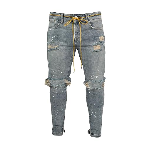 Men's Knee Ripped Tie Jeans Distressed Holes Stretch Biker Jean Destroyed Tapered Leg Denim Pants