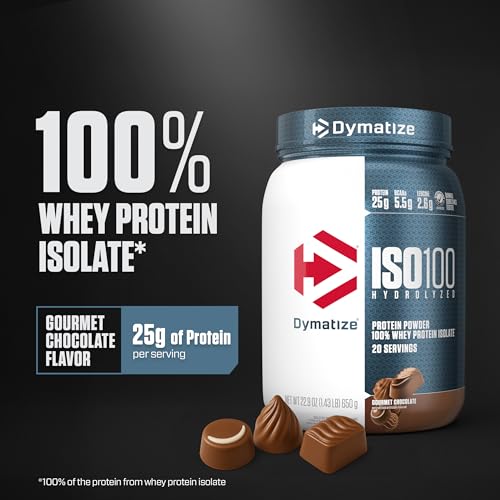 Image of Dymatize ISO100 Whey Protein Powder Isolate, Gourmet Chocolate, 25g of Protein, 20 Servings, 5.5g BCAAs, Less Than 120 Cal., Gluten Free, 1g Fat, 1g Sugar, 2g Carb.