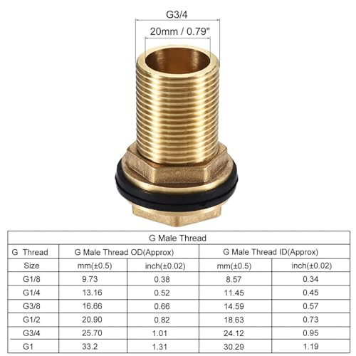 Recogwood G3/4 Male Bulkhead Fitting, Tube Adaptor Connector Hose Fitting with 2 Silicone Gaskets for Water Tanks Brass, Gold Tone - Image 2