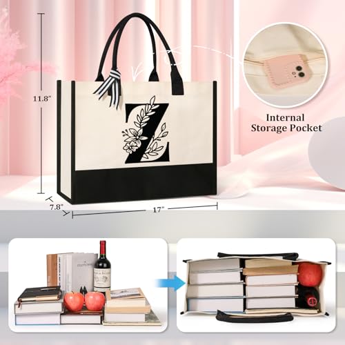 Image of Tecanne Personalized Initial Canvas Tote Bag, Suitable for Birthday, Wedding, Beach, Holiday, Gifts for Women, Mom, Teachers, Nurses, Best Friends, Bridesmaids (Z)