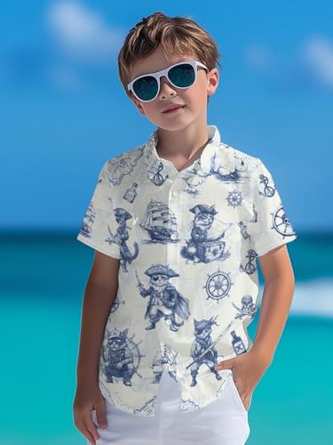 Image of THE PIRATE KING Funny Pirate Hawaiian Shirt Boys Girls Beach Tropical Casual Short Sleeve Button Down Shirt for 5-14 Years