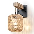 Neechicx Rattan Boho Wall Sconce, Hardwired Hand-Woven Farmhouse Wall Lamps with Wooden Arm & On/Off Dimmable Switch,Large Rustic Indoor Wall Mount Light Fixtures for Bedroom Nursery Bathroom, 1 Pack