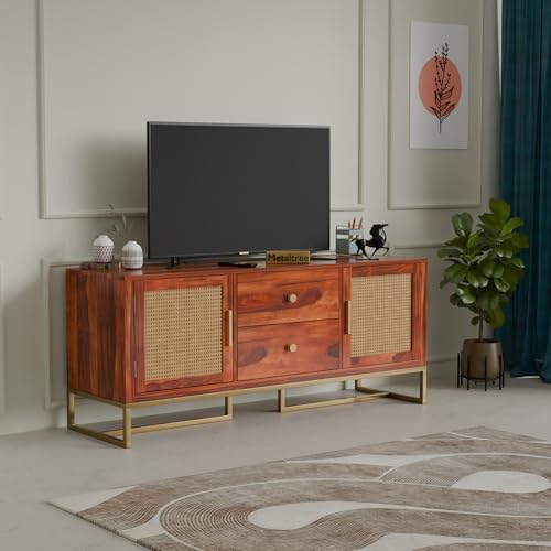 Image of Sheesham Wood Wooden tv Unit for Living Room 55 inch TV Furniture - Entertainment Unit Solid Wood tv Table for Living Room 55 inch TV Console with 2 Drawers, 4 Shelves & Ratan Door