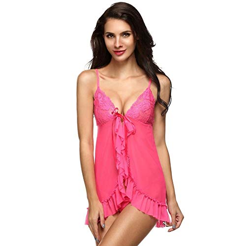 Babydoll rose rouge en dentelle et nuisette grande taille transparente L pour femme