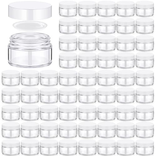 Domensi 100 Pcs 1 oz Glass Jars with Lids Bulk Round Glass Cosmetic Jars Lids 1 oz Small Travel Containers with Inner Liner for Lotions Powders Ointments Sample Cream(Clear, White)