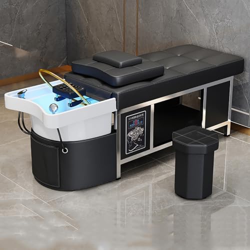 Image of Salon Shampoo Bowl, Multi-Functional Shampoo Bed, Ceramic Basin Beauty Hair Salon Massage Table with Constant Temperature Water Heater,Black