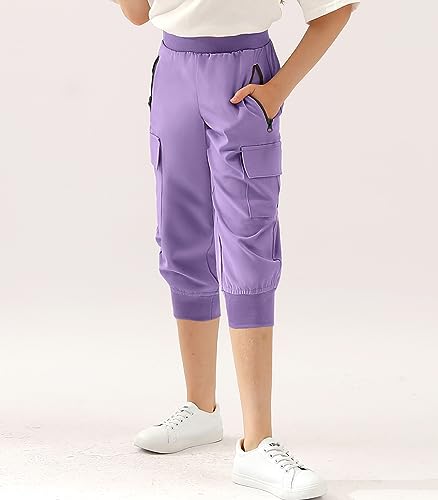 Image of DOUBLJU Lightweight Hiking Sweatpants Women Girls Kids Slightly Elastic Quick Dry Capri Cargo Jogger Athletic Workout Outdoor