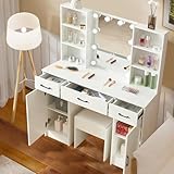 Koestem Dressing Table with Adjustable LED Mirror, 39.5" W Make up Vanity Desk with 3 Large Drawers, 2 Large Cabinets and 4 Open shelves, White 100cm Wide Vanity Desk, Stool Included - Image 5