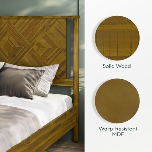 Image of Bme Ethan Queen Bed Frame with Diamond Headboard, Mid-Century Modern, Solid Acacia Wood, No Box Spring Needed, Fits All Mattresses, Rustic Brown