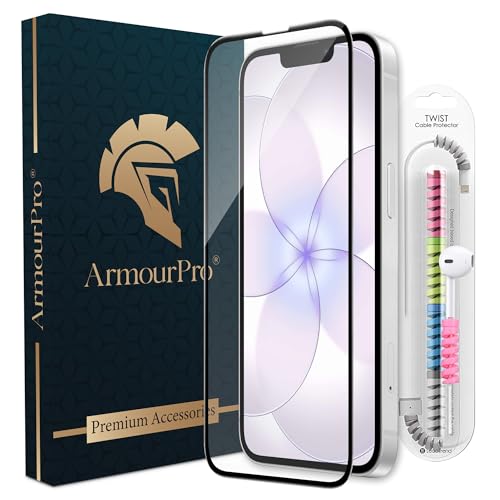 Image of ArmourPro Military-Grade Tempered Glass for iPhone 17E / 16E / 14 / iPhone 13 - 9H Anti Scratch, Edge-to-Edge Coverage, HD Clarity, Smooth Touch, Case Friendly, Easy Installation Kit with Cable Protector