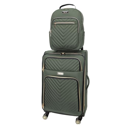 Image of Kenneth Cole REACTION Chelsea 2-Piece Bundle - 20 inch Chevron Expandable 8-Wheel Carry-On Suitcase & Matching 15 inch Laptop Backpack, Olive