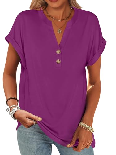 Image of ANRABESS Womens Short Sleeve Henley Tops V Neck Dressy Casual Blouses Summer Trendy Tee Shirts 2026 Vacation Fashion Clothes
