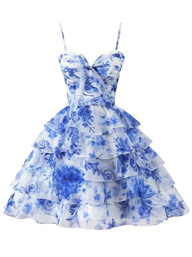 SoDigne Tiered Ruffles Short Homecoming Dresses with Bow Corset Floral Print Mini Cocktail Party Gown