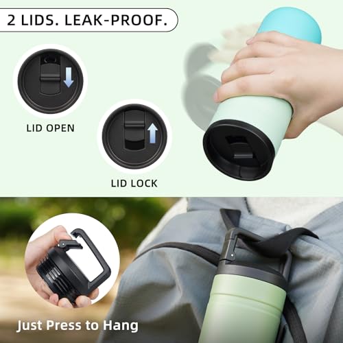 Image of BJPKPK 20 oz Insulated Travel Water Bottle, Coffee Tumbler Stainless Steel | Double Wall Vacuum, Leakproof, Thermal, Keeps Hot /Cold, BPA Free, Dishwasher Safe, Spill Proof, Wide Mouth, 2 Lids, Mint