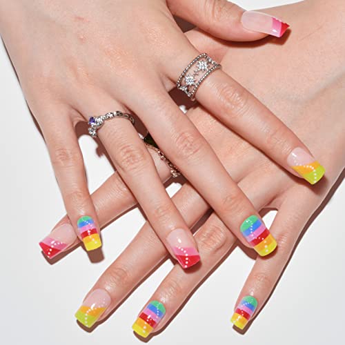Glamermaid Press On Nails Short Square For Pride Month, French Tip Glue On Nails With Rainbow Honey Design, Fake Nails Acrylic False Nail Kits Stick For Women Reusable Full Cover Gel Nails 24Pcs #TOP1