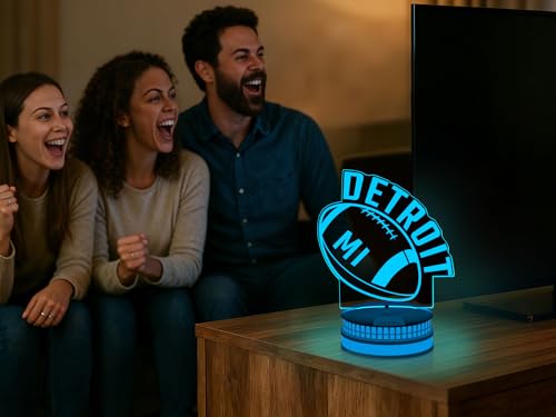 Image of CLORURBANLIVE 3D Football Detroit Night Light 3D Illusion Lamp with Remote Control 16 Color Options Sports Decor Lighting for Fans - Multicoloured OneSize