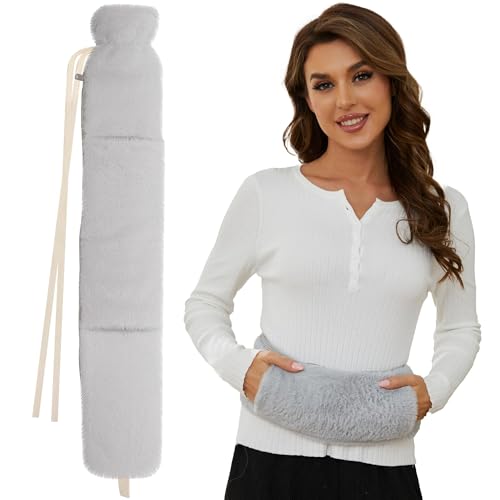 Long Hot Water Bottle With Cover 2L Large Bottles Hand Pocket Warmer Soft Fleece Extra Rubber Bag Zipper Cover For Back Neck Shoulder And Period Pain Relief