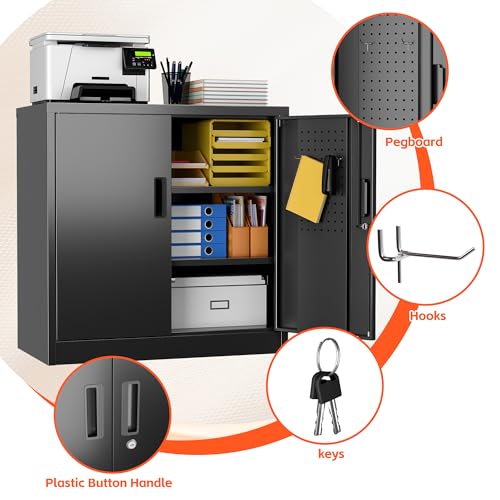 LOCENHU Armario de metal con placa perforada y ganchos, 80 cm de alto, 2 estantes ajustables, adecuado para el hogar, oficina, garaje, escuela, bricolaje (negro) - imagen 5