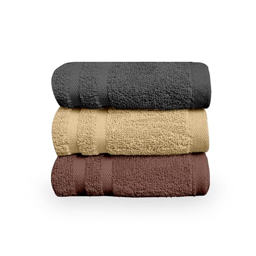 Image of Divine Casa Cotton Hand Towels Pack of 3 Brown Grey Beige, 550 GSM Ultra Soft & Highly Absorbent Thick Bathroom Towels, 60 x 40 cm
