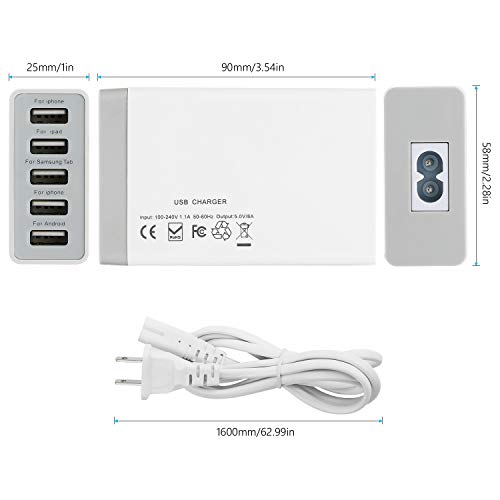 5-Port USB Charging Stations for Multiple Devices, Desktop 40W 8A Multi USB Wall Charger Compatible with Tablet, Phone, Cell Devices Product, Android Phone and All USB Port Devices