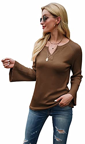 Hiistandd Damen Strickpullover Langarmshirts Pullover V Ausschnitt Schulterfrei Sweatshirt Lose Casual Elegant Oberteil Tops Sweater Pulli(Khaki,X-Large) Cover