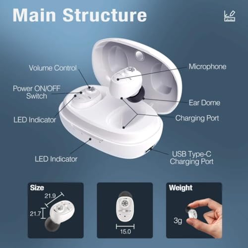 Image of CIC Wireless Rechargeable Hearing Aids for Old Age and Seniors with Digital Display, Noise Reduction, and 30-Hour Battery Life (WHITE, Manual) DIGITAL DISPLAY
