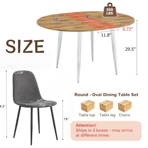 Image of FURNITO Modern Dining Table Set for 4, 42 inch-54 inch Extendable Round to Oval Dining Table, Kitchen & Dining Room Set with Wood Grain Top and 4 Fabric Upholstered Chairs, Space-Saving, Easy Assembly