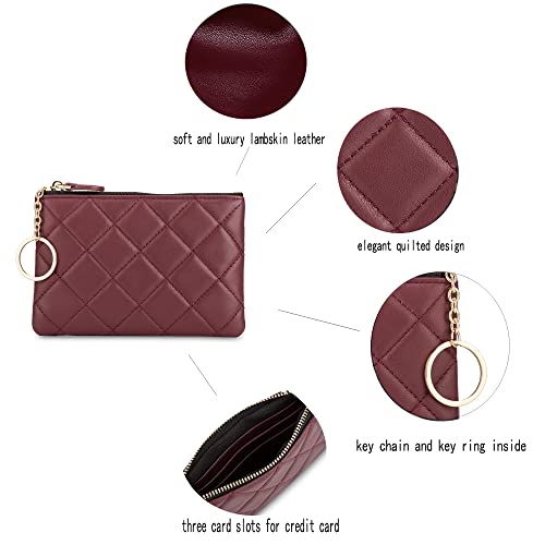 Image of DORIS&JACKY Soft Lambskin Leather Coin Purse Small Quilted RFID Blocking Top Zipper Wallet With Key Chain