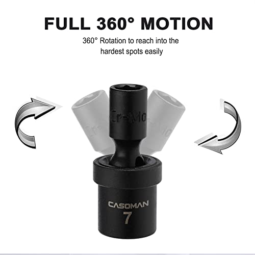 Casoman 1/4-Inch Drive Shallow Universal Impact Socket Set, Metric, 12 Pieces Set, 5Mm To 15Mm, 6-Point, Cr-Mo, Swivel Socket #TOP4