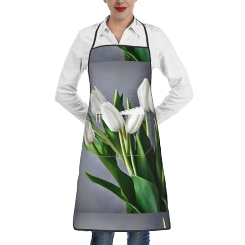 ABYchdd Delantal blanco con estampado de flores de tulipanes con bolsillo, delantal de cocina de poliéster para cocina, restaurante, manualidades