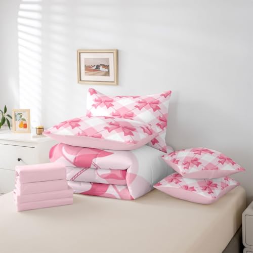Image of Pink Bow Bed in a Bag King Size Comforter Set 7-Piece | Kawaii Ribbon Bowknot Bedding Sets Princess Bow Tie Comforter and Sheet Set, Dreamy Pink Plaid Bowknot Room Decor,Cute Room Decor Aesthetic