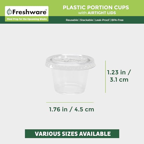 Image of Freshware Plastic Portion Cups with Lids [1 Ounce, 200 Sets] Disposable Plastic Cups for Meal Prep, Salad Dressing, Jellos Shot Cups, Souffle Cups, Condiment and Dipping Sauce Cups