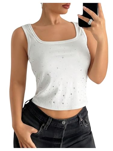 Verdusa Women's Rhinestone Tank Top Square Neck Crop Top Sleeveless Fitted Summer Shirts White Small