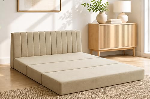 Image of 3-Seater Foldable Floor Sofa Bed with, Modern Velvet Fabric Folding Couch for Living Room, Guest Room & Small Spaces-Golden