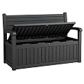 WTFGO 80 Gallon Lockable Deck Bench with Storage, Resin Stripes Outdoor Storage Box, Waterproof Outdoor Porch Bench for Cushions Garden Tools, and Pool Supplies, Black
