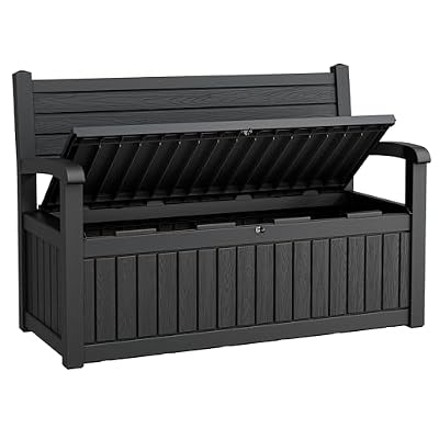 WTFGO 80 Gallon Lockable Deck Bench with Storage, Resin Stripes Outdoor Storage Box, Waterproof Outdoor Porch Bench for Cushions Garden Tools, and Pool Supplies, Black