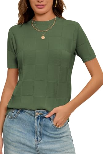 Image of Cakulo Women's Short Sleeve Summer Sweater Knit Tops | Checkered Pattern, Crew Neck, Lightweight Knit, Pullover Sweaters, Business Casual Work Tops Basic Clothes