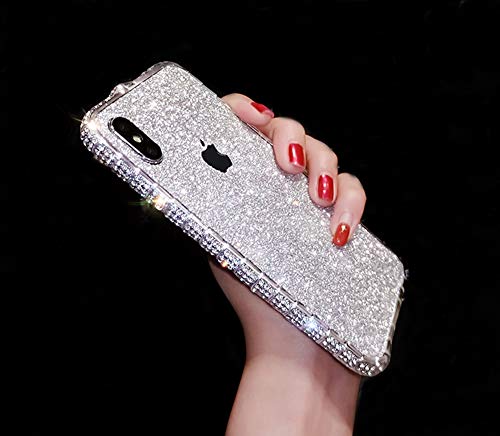 MeiQing Bling Frame and Sticker for iPhone Xs Max Case Glitter Bling Back Skin Sticker + Crystal Edge Cover for iPhone Xs Max with Screen Protector (Silver)