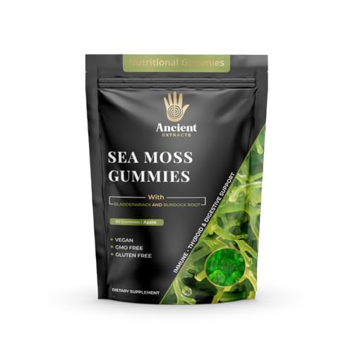 Ancient Extracts Sea Moss Gummies with Bladderwarck and Burdock Root - Immune System Booster, Supports Thyroid and Digestive Health - Vegan, Gluten Free, GMO Free Irish Seamoss Apple Flavour Gummy