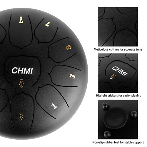 Steel Tongue Drum, 11 Notes 10 inches Percussion Instrument Handpan Drum with Bag, Music Book, Mallets, Finger Picks, Drum Mallets Holder (10 Inch Black) - Thumbnail 7