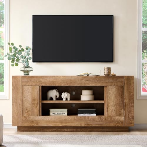 OKD Modern 70' TV Stand, Entertainment Center for TVs Up to 80', Media Console with Large Open Storage & Side Cabinets, Thick Wood Design for Living Room, Light Knotty Oak
