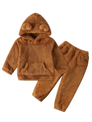 Adarl Toddler Baby Fleece Set Bear Hoodie with Ears Fuzzy Winter Sweatsuit Warm Hooded Sweatshirt & Sweatpants for Boys Girls