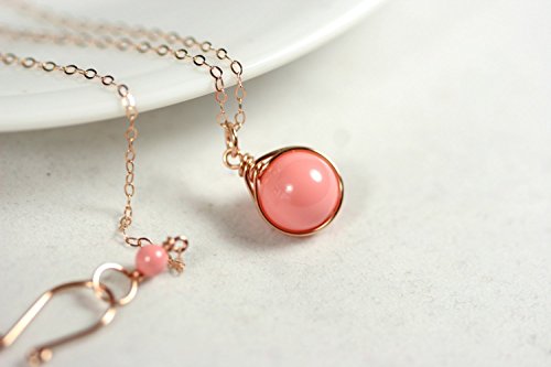 Rose Gold Pink Coral Necklace with Swarovski Pearl Pendant Wire Wrapped Rose or Yellow Gold Filled
