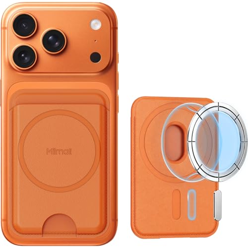 Cartera MagSafe para iPhone 16 15 14. Tarjetero magnético de cuero slim color naranja.