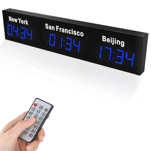 HNBYLMM Orologio con fusi orari mondiali, Orologio Digitale con più fusi orari, Orologio Mondiale a LED, Orologio Mondiale con 3/4 Città, per aeroporti, Hotel, uffici, multinazionali,Blue-3Time